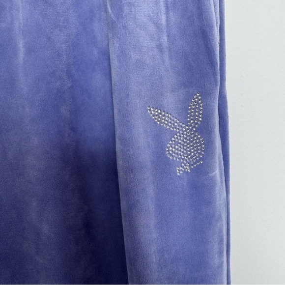 Playboy old English y2k Blue Velour Pants with Logo and rhinestone XL periwinkle - Picture 6 of 8